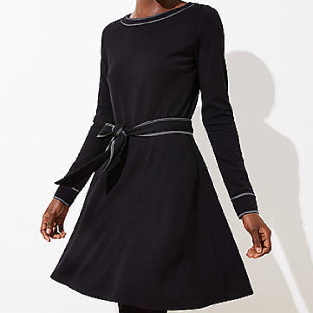 Loft Top Stitched Tie Waist Flare Dress